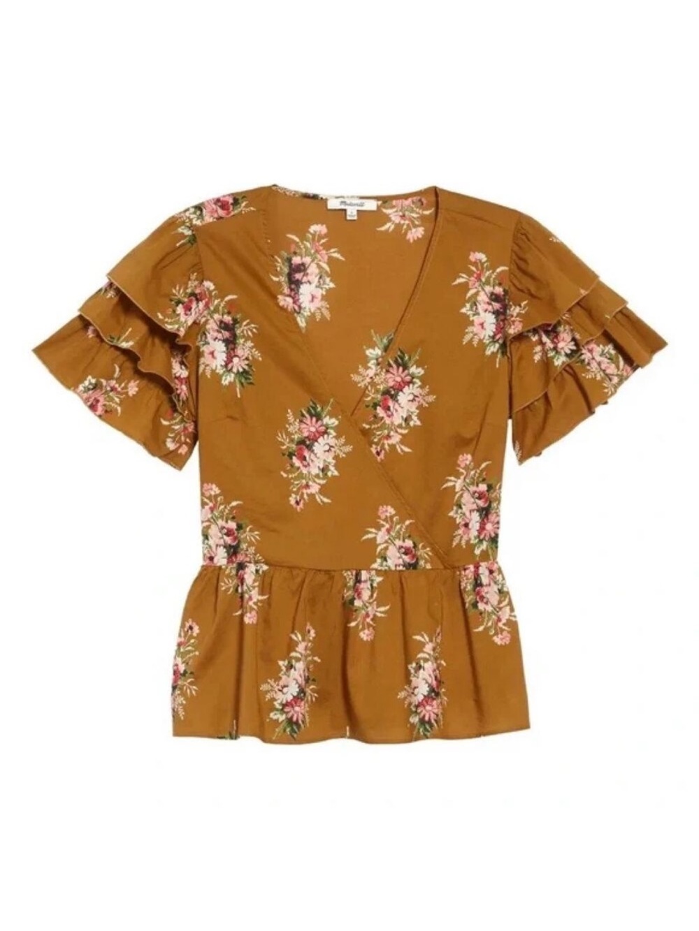 Madewell Peplum Ruffle Sleeve Crossover Mustard Floral Wrap Top Size 6